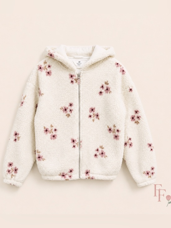 H&M Other - H&M Kids Floral Teddy Fleece Hooded Jacket White Pink Flowers Size 14/16 XL